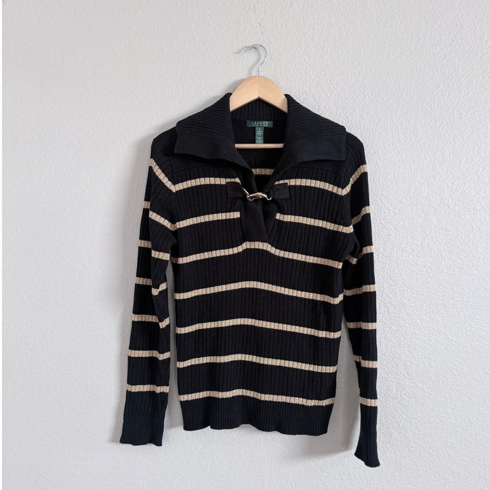 Ralph Lauren Black Gold Metallic Striped Rib Knit Sweater Y2K Preppy Size